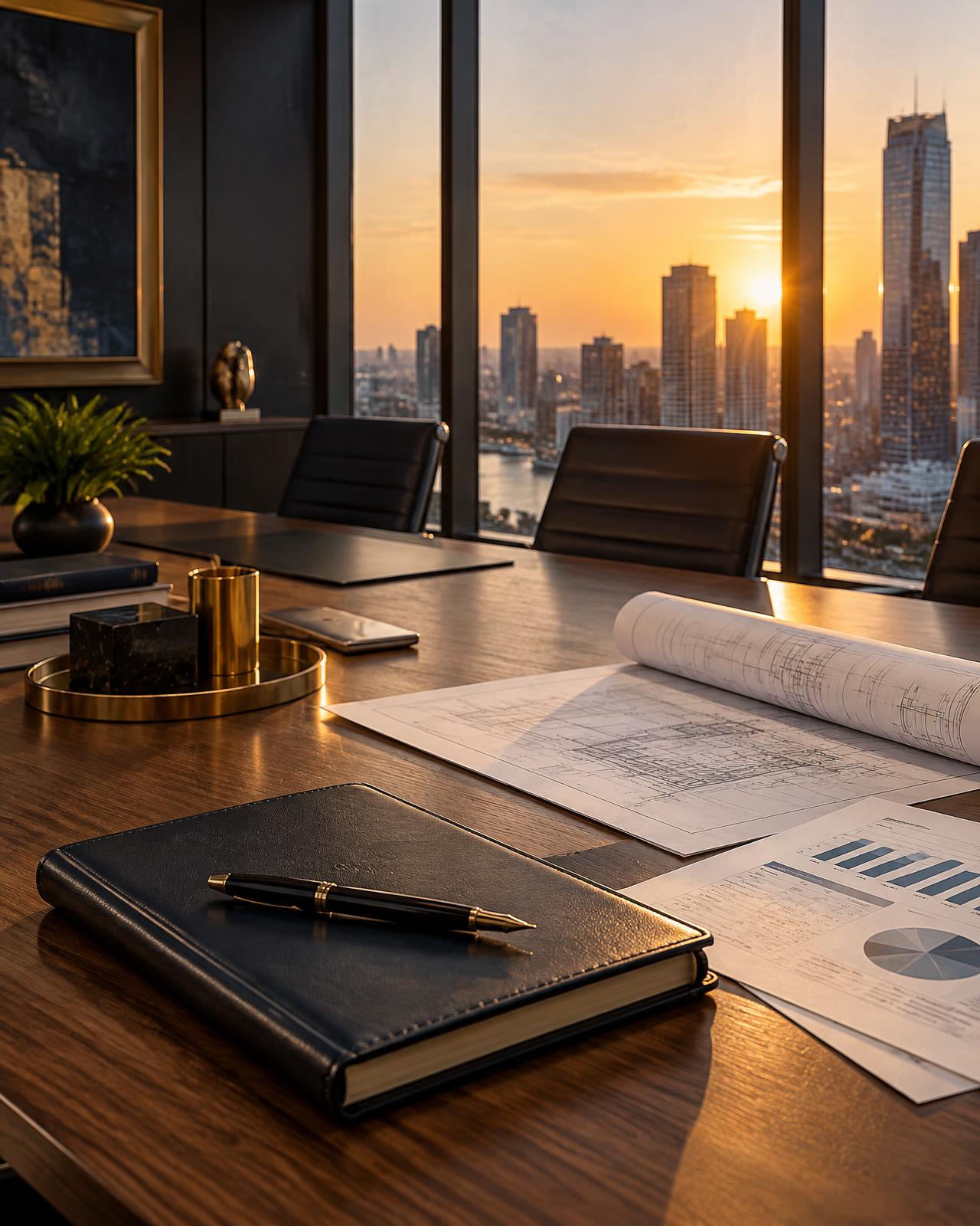 Executive boardroom overlooking a city skyline